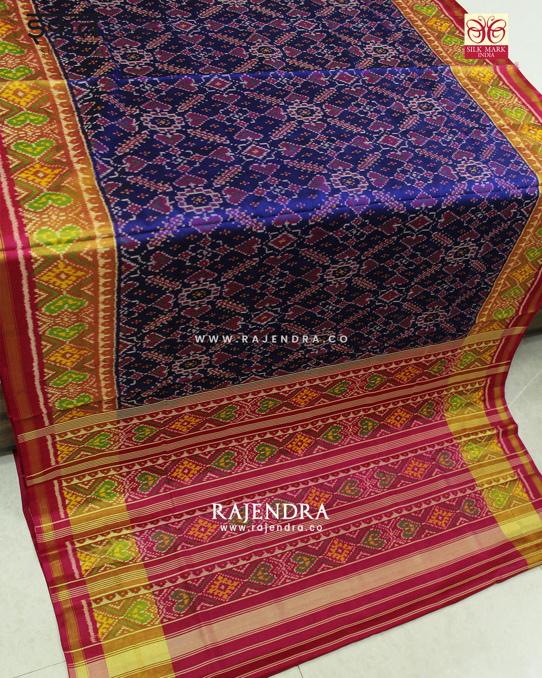 Traditional Manekchowk Bhat Pink Blue Single Ikat Rajkot Patola Saree