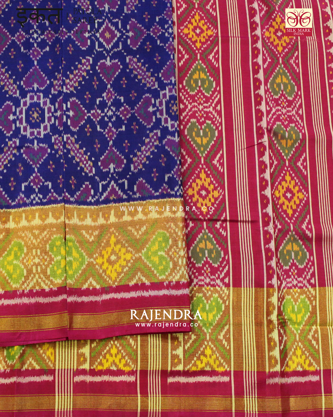 Traditional Manekchowk Bhat Pink Blue Single Ikat Rajkot Patola Saree