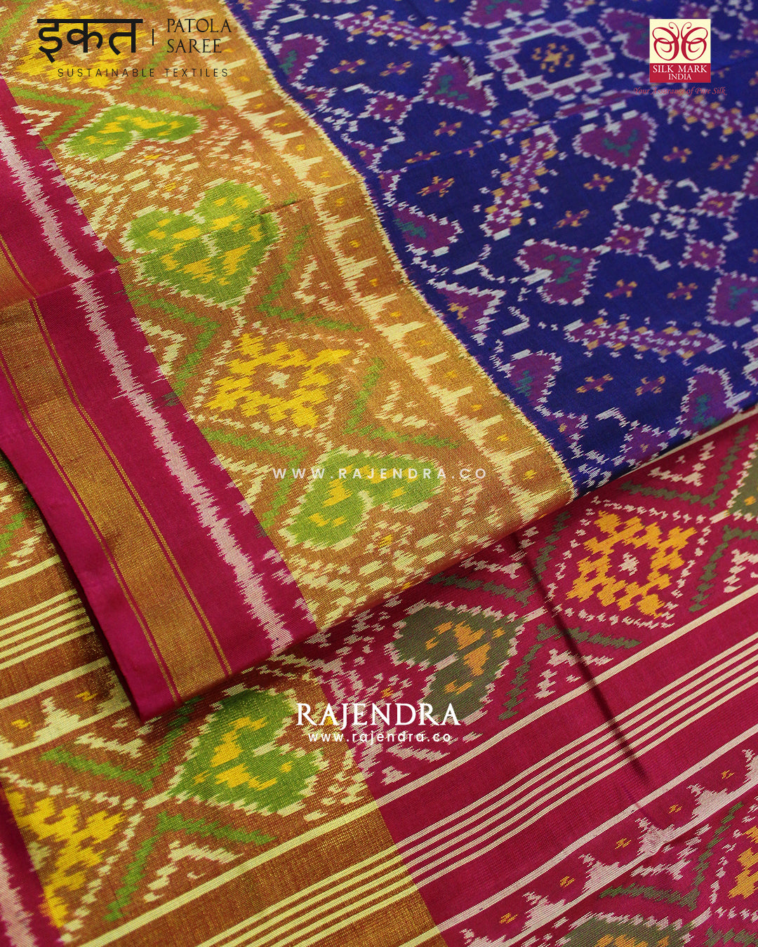 Traditional Manekchowk Bhat Pink Blue Single Ikat Rajkot Patola Saree