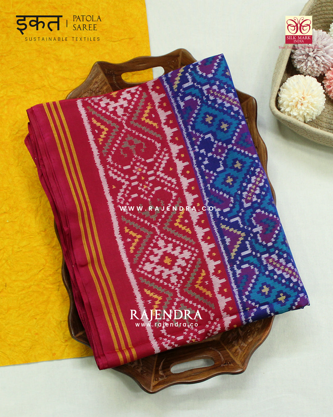 Traditional Manekchowk Design Pink and Blue Semi Double Ikat Rajkot Patola Saree