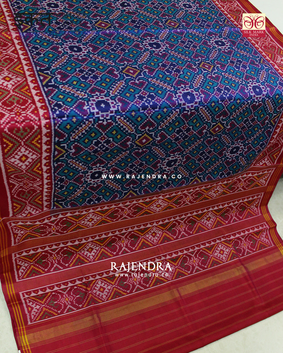 Traditional Manekchowk Design Pink and Blue Semi Double Ikat Rajkot Patola Saree
