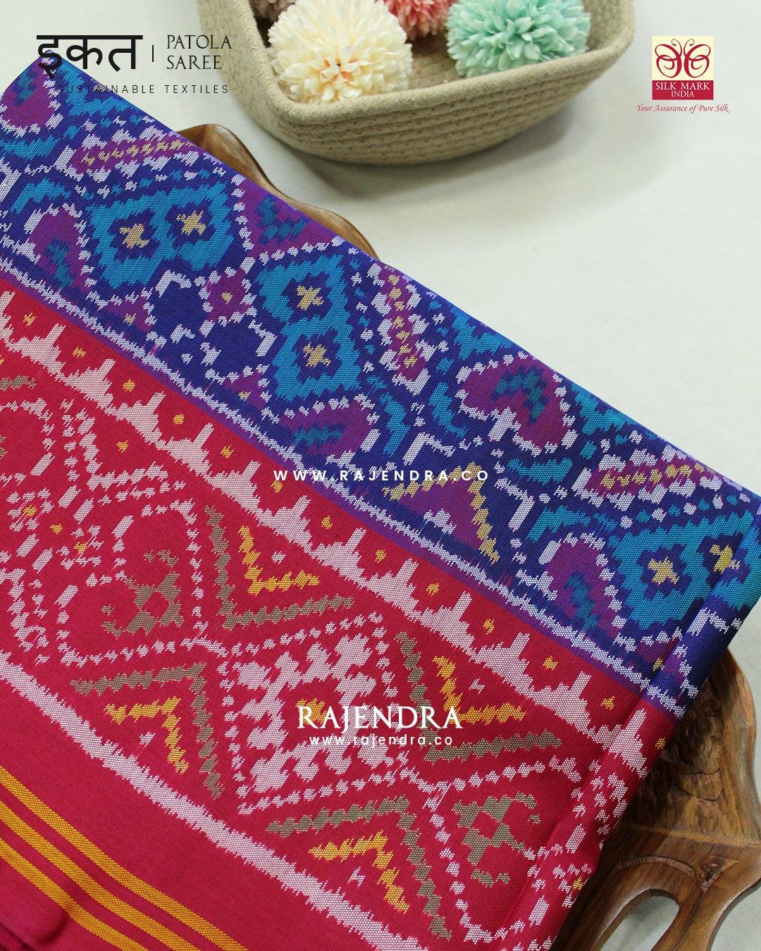 Traditional Manekchowk Design Pink and Blue Semi Double Ikat Rajkot Patola Saree