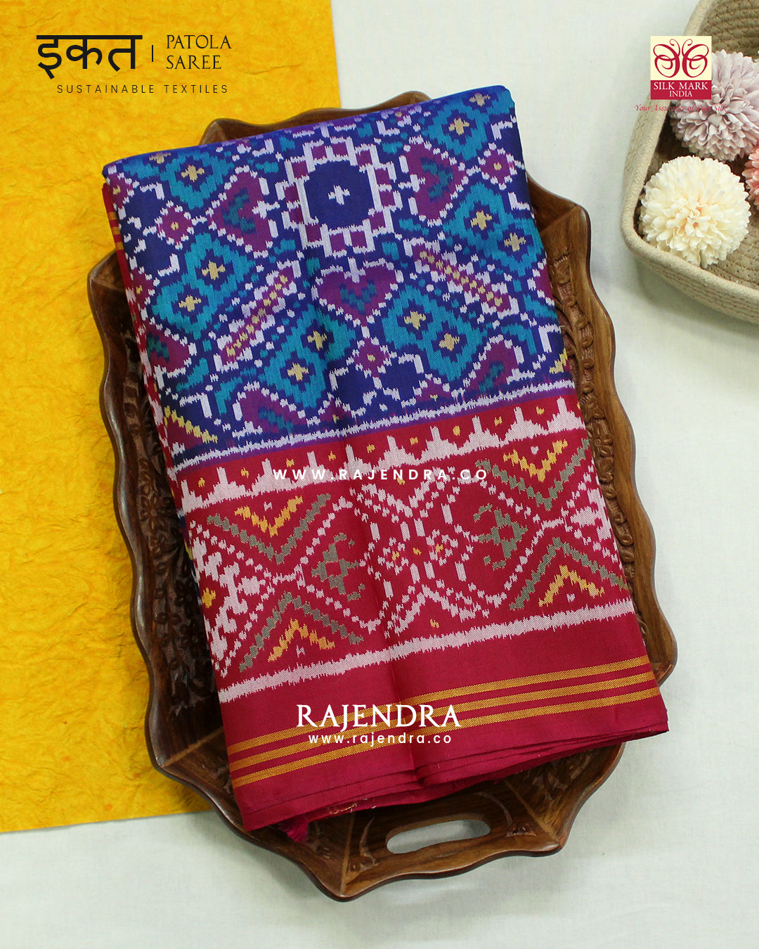 Traditional Manekchowk Design Pink and Blue Semi Double Ikat Rajkot Patola Saree