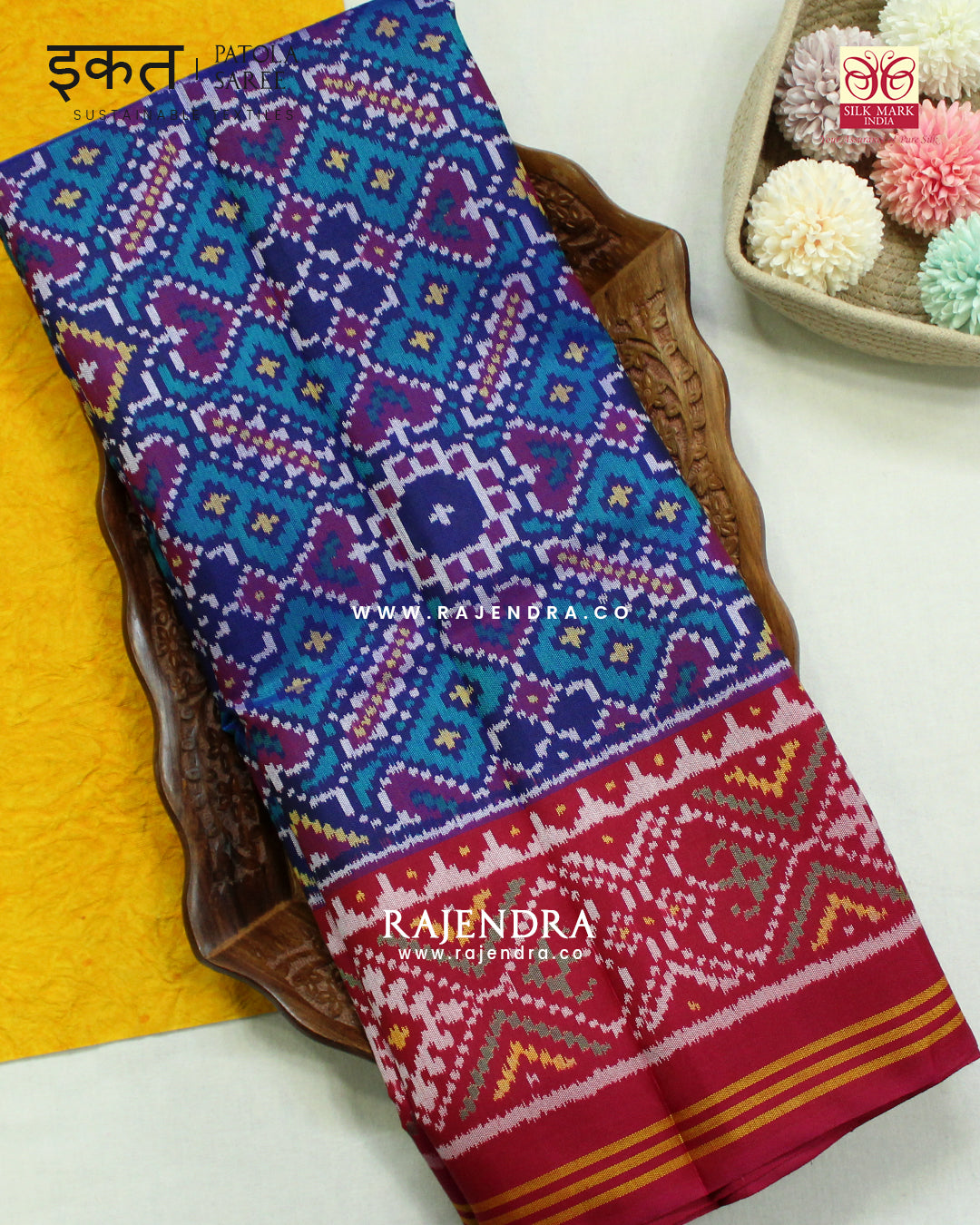 Traditional Manekchowk Design Pink and Blue Semi Double Ikat Rajkot Patola Saree