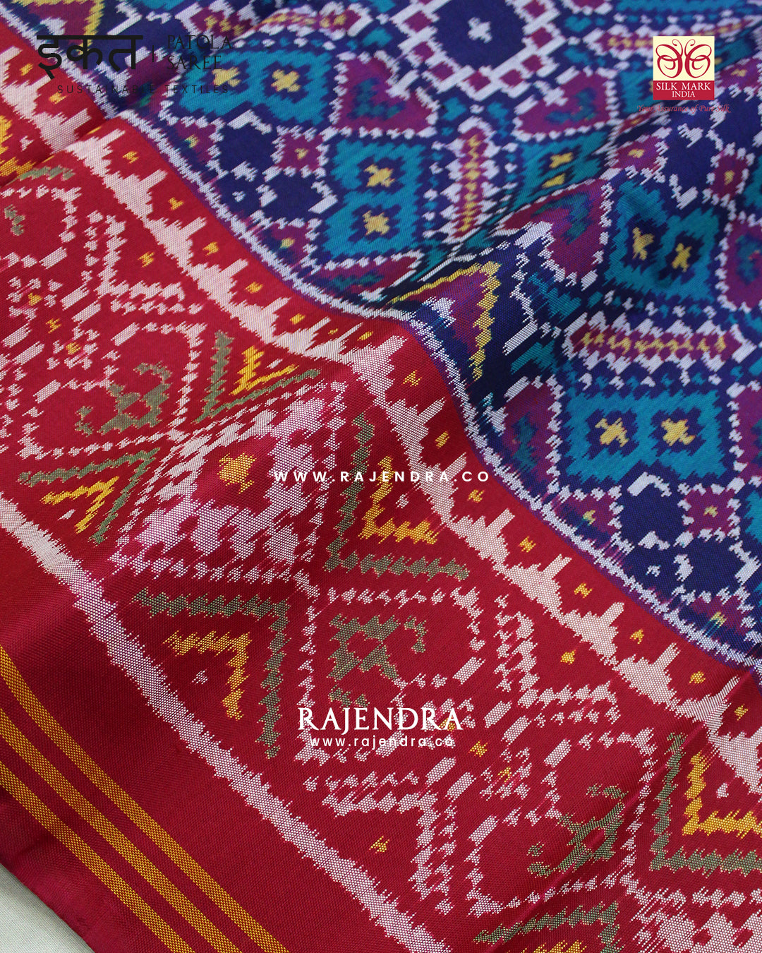Traditional Manekchowk Design Pink and Blue Semi Double Ikat Rajkot Patola Saree