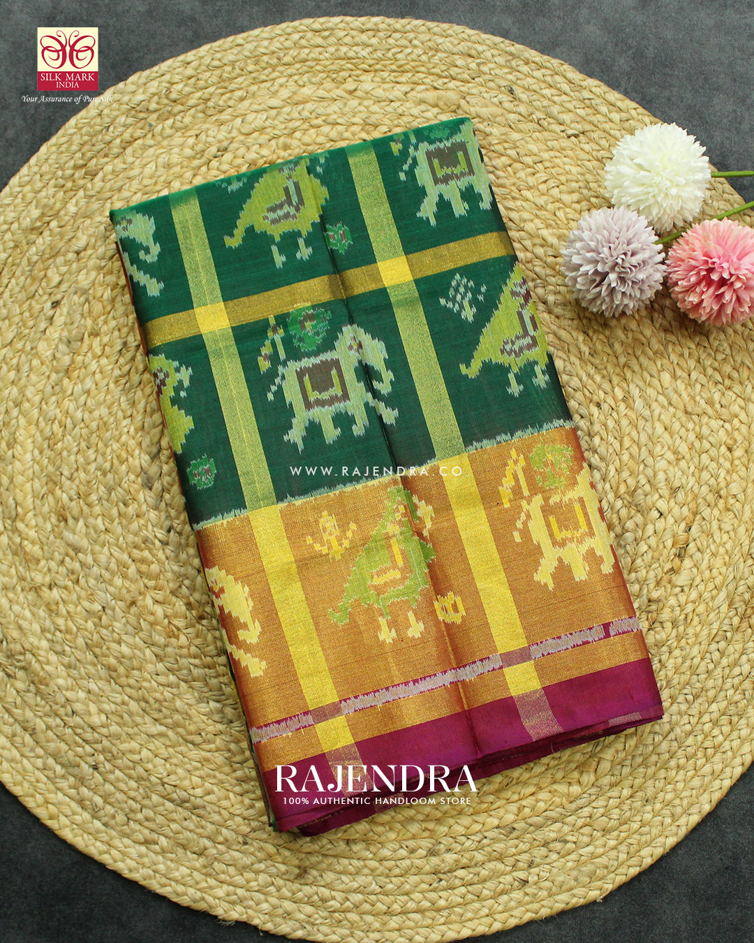 Traditional Hathi Popat Design Zari Checks Pink and Green Rajkot Patola Saree