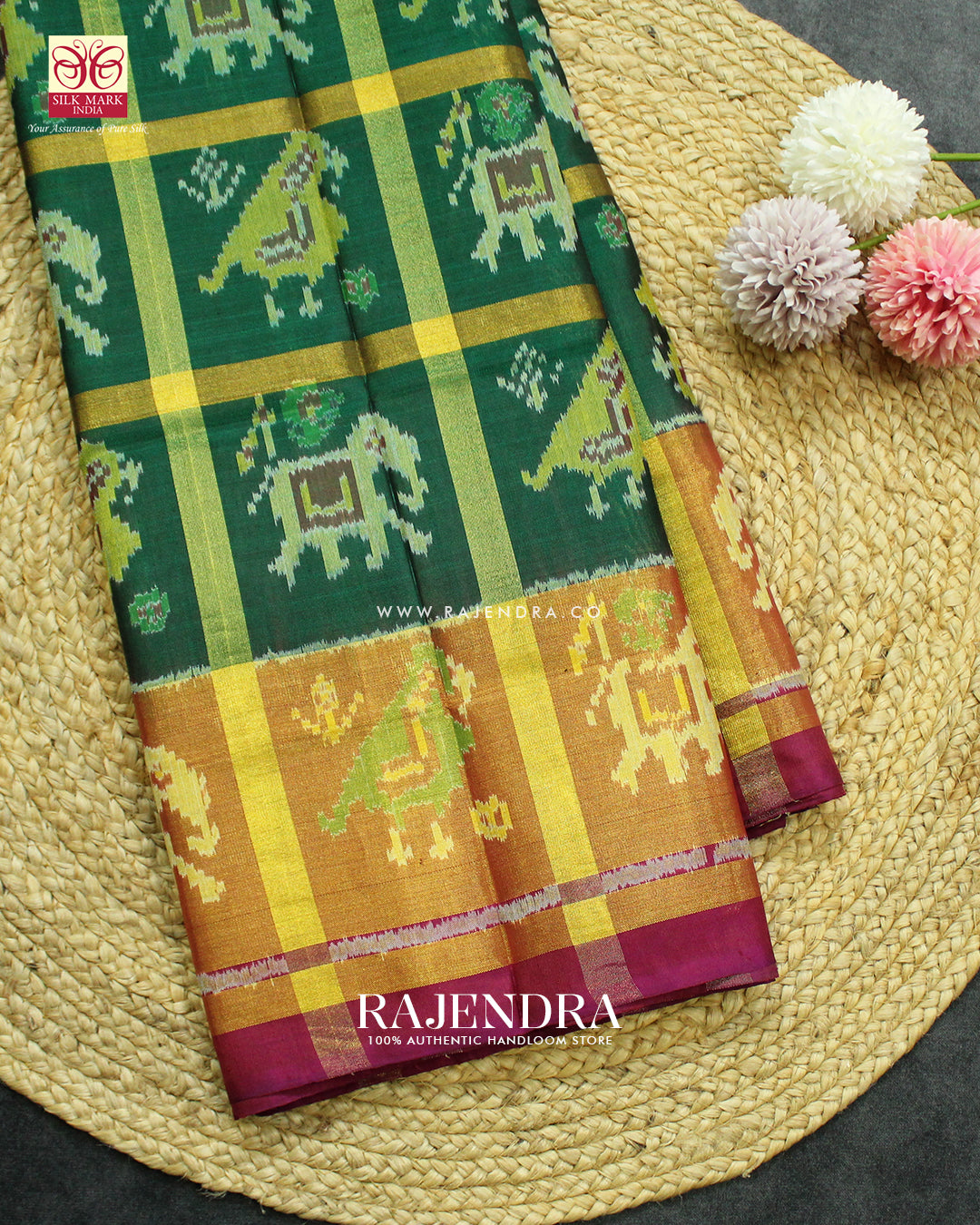 Traditional Hathi Popat Design Zari Checks Pink and Green Rajkot Patola Saree