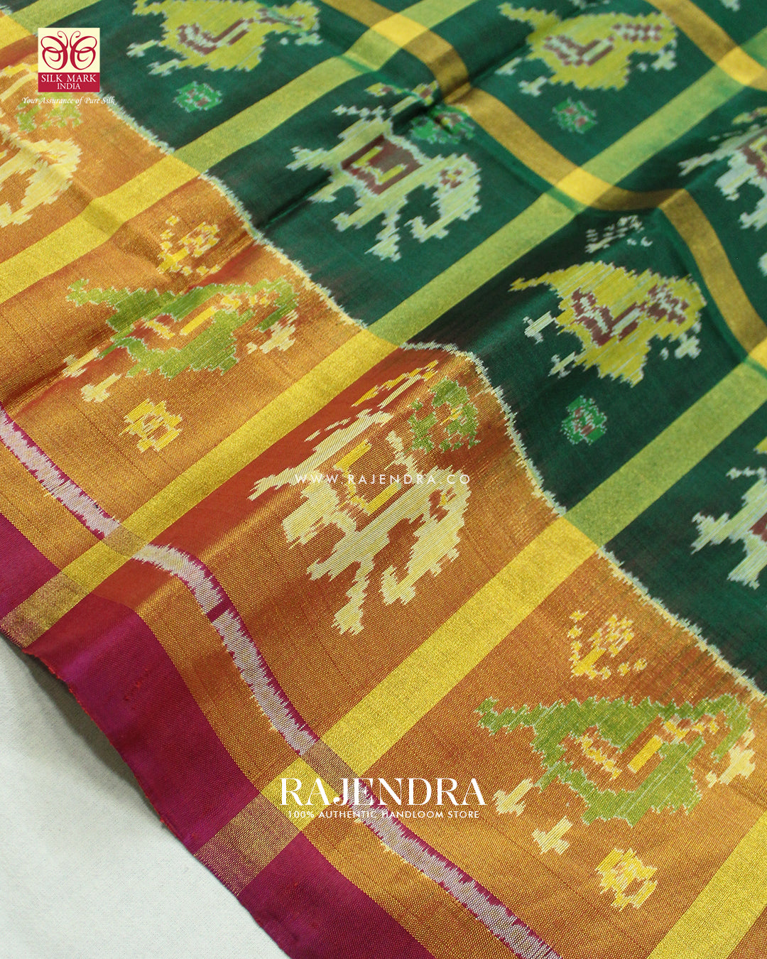 Traditional Hathi Popat Design Zari Checks Pink and Green Rajkot Patola Saree