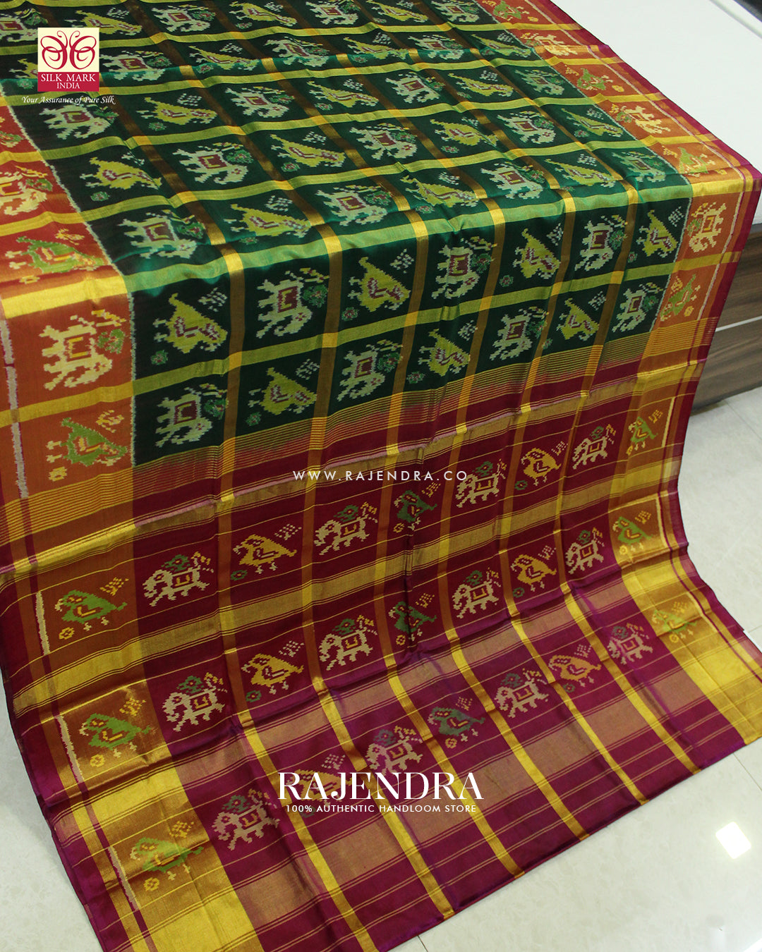 Traditional Hathi Popat Design Zari Checks Pink and Green Rajkot Patola Saree