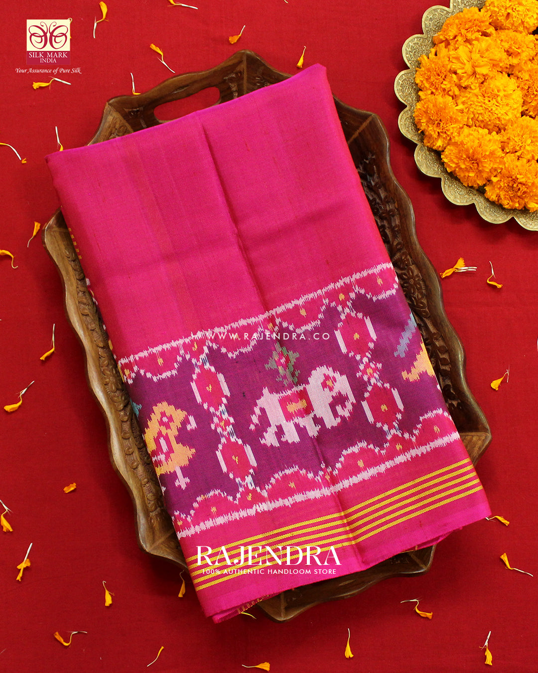 Exclusive Hathi Popat Gala Border Pink Ikat Rajkot Patola Saree