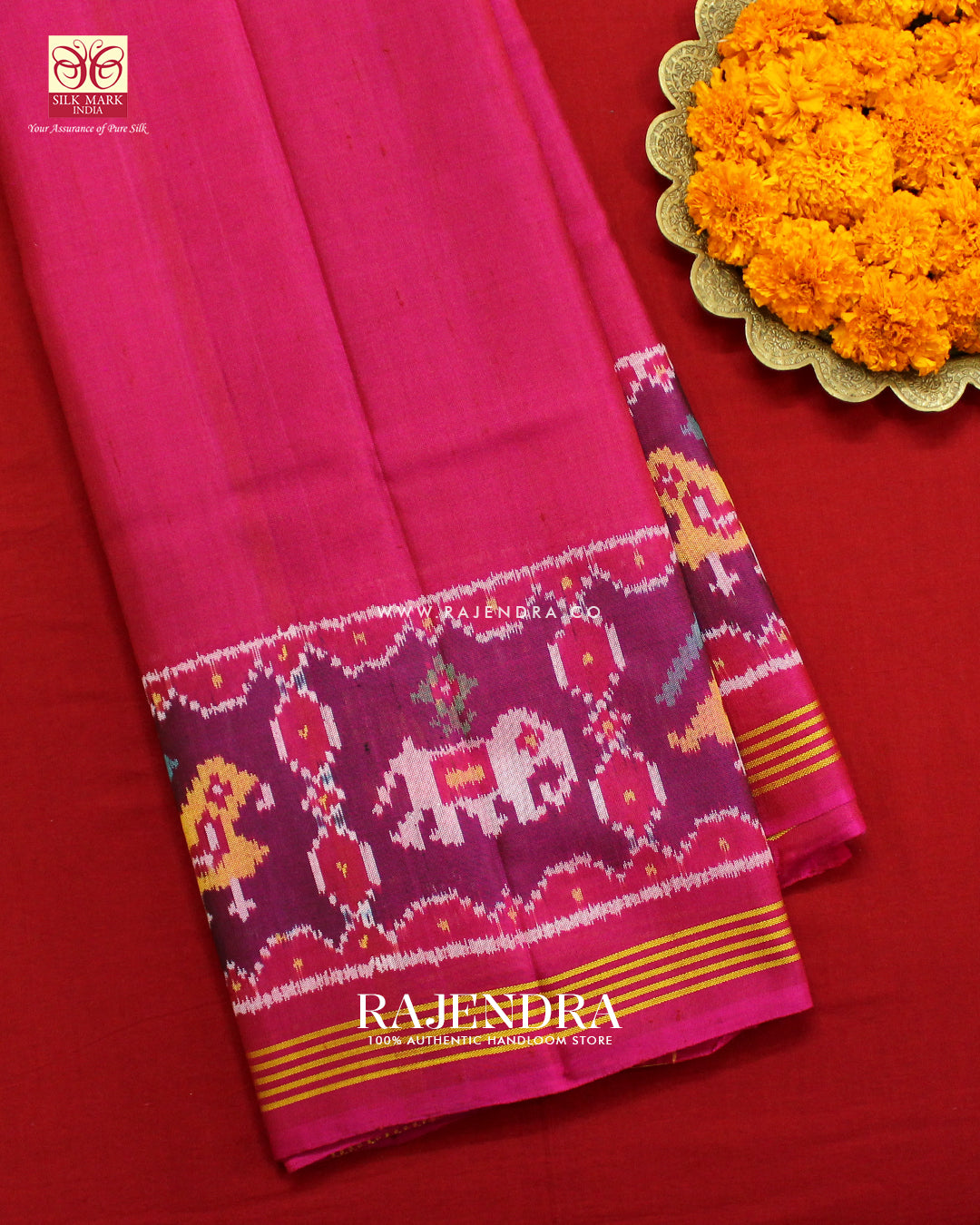 Exclusive Hathi Popat Gala Border Pink Ikat Rajkot Patola Saree
