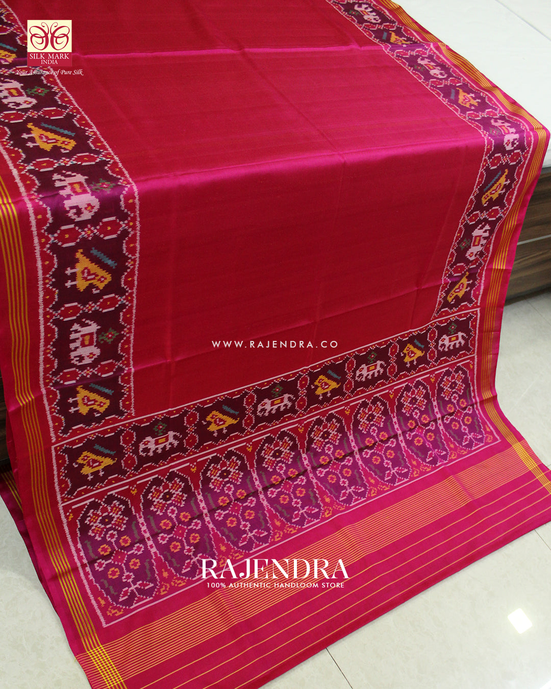 Exclusive Hathi Popat Gala Border Pink Ikat Rajkot Patola Saree