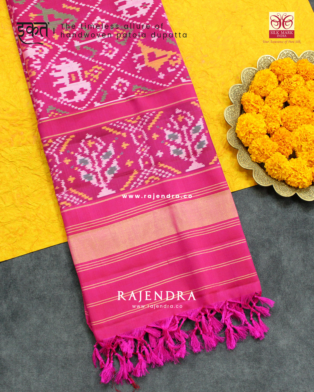 Exclusive Hathi Popat Design Pink Ikat Rajkot Patola Dupatta