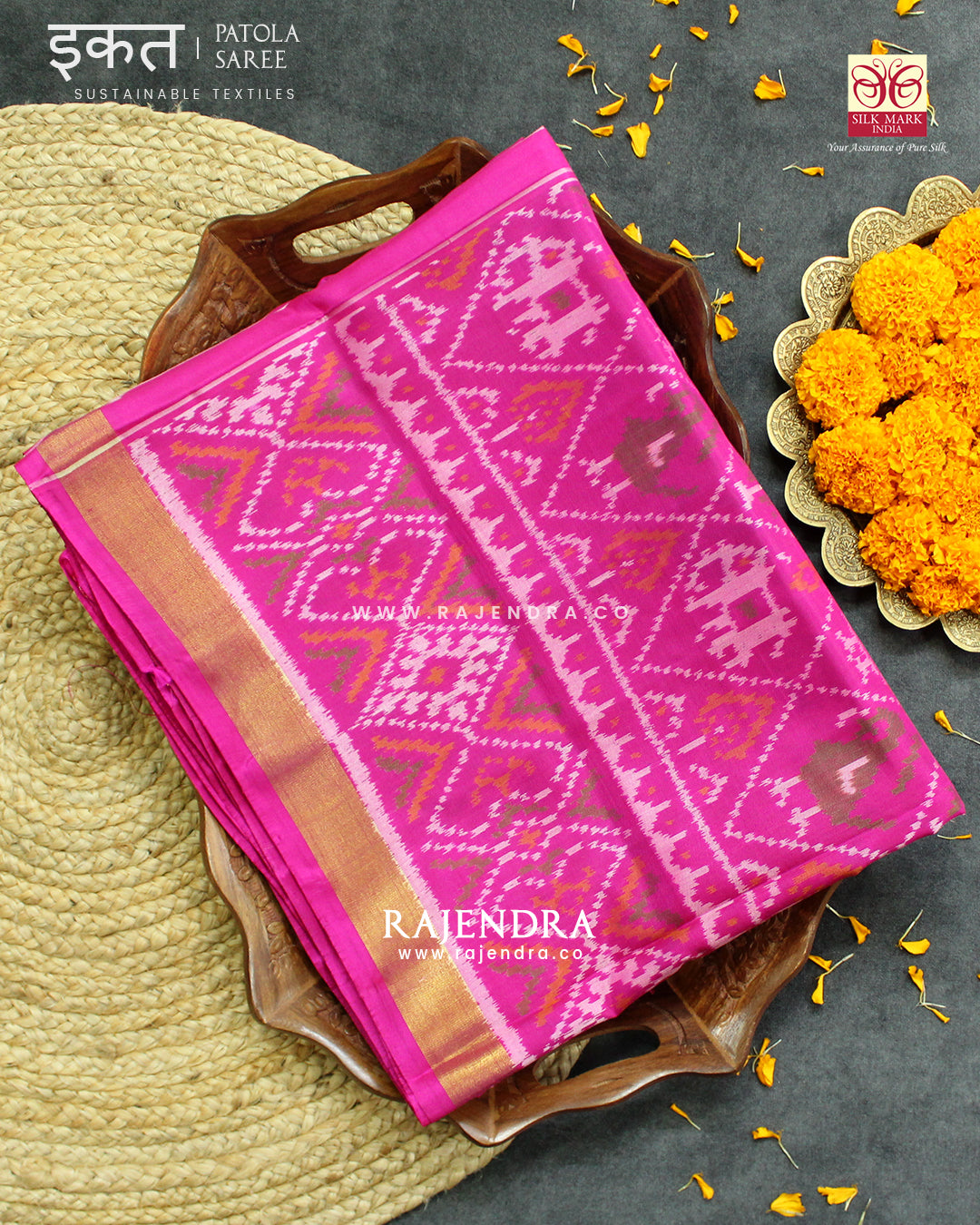 Traditional Hathi Popat Design Pink Single Ikat Rajkot Patola Saree