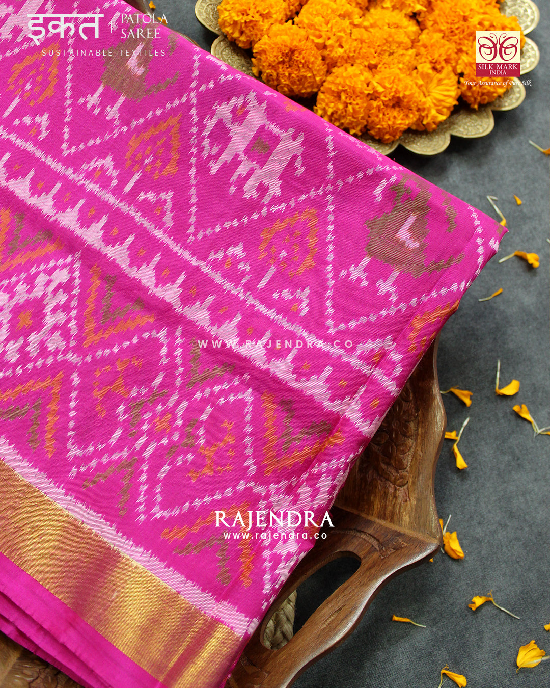 Traditional Hathi Popat Design Pink Single Ikat Rajkot Patola Saree