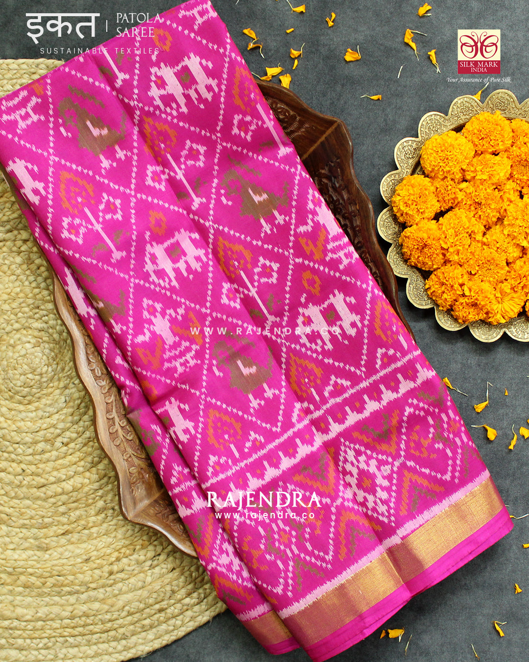 Traditional Hathi Popat Design Pink Single Ikat Rajkot Patola Saree