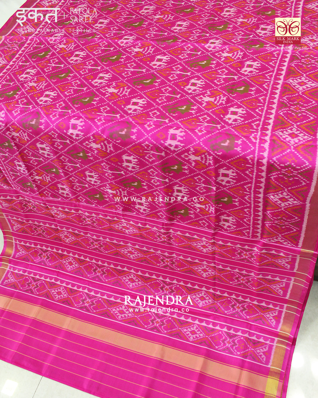 Traditional Hathi Popat Design Pink Single Ikat Rajkot Patola Saree