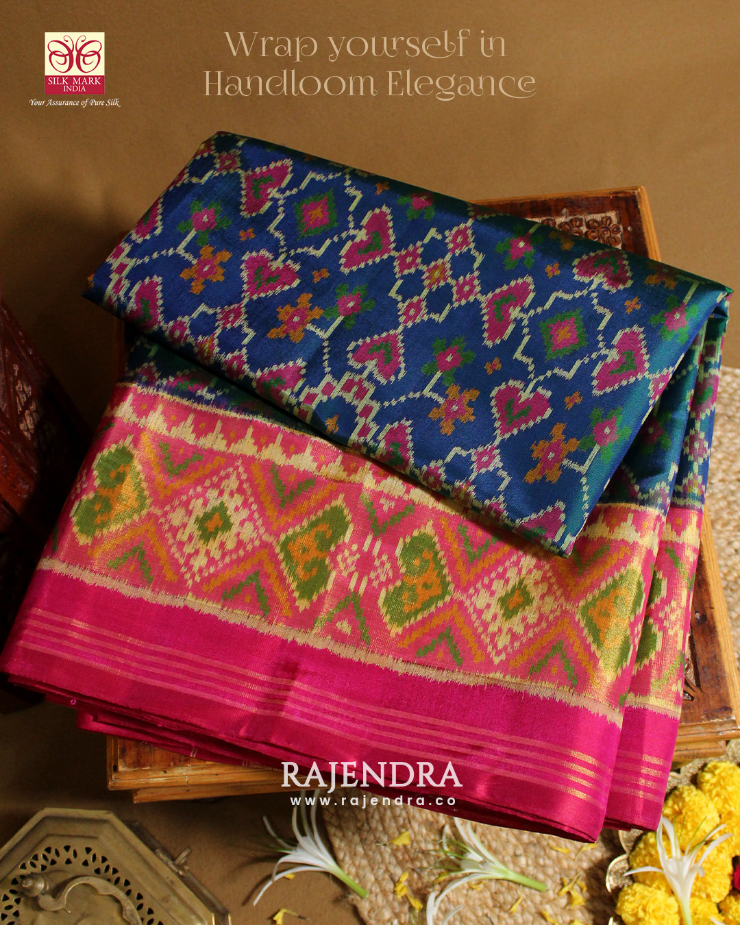 Traditional Manekchowk Bhat Pink and Blue Single Ikkat Rajkot Patola Saree