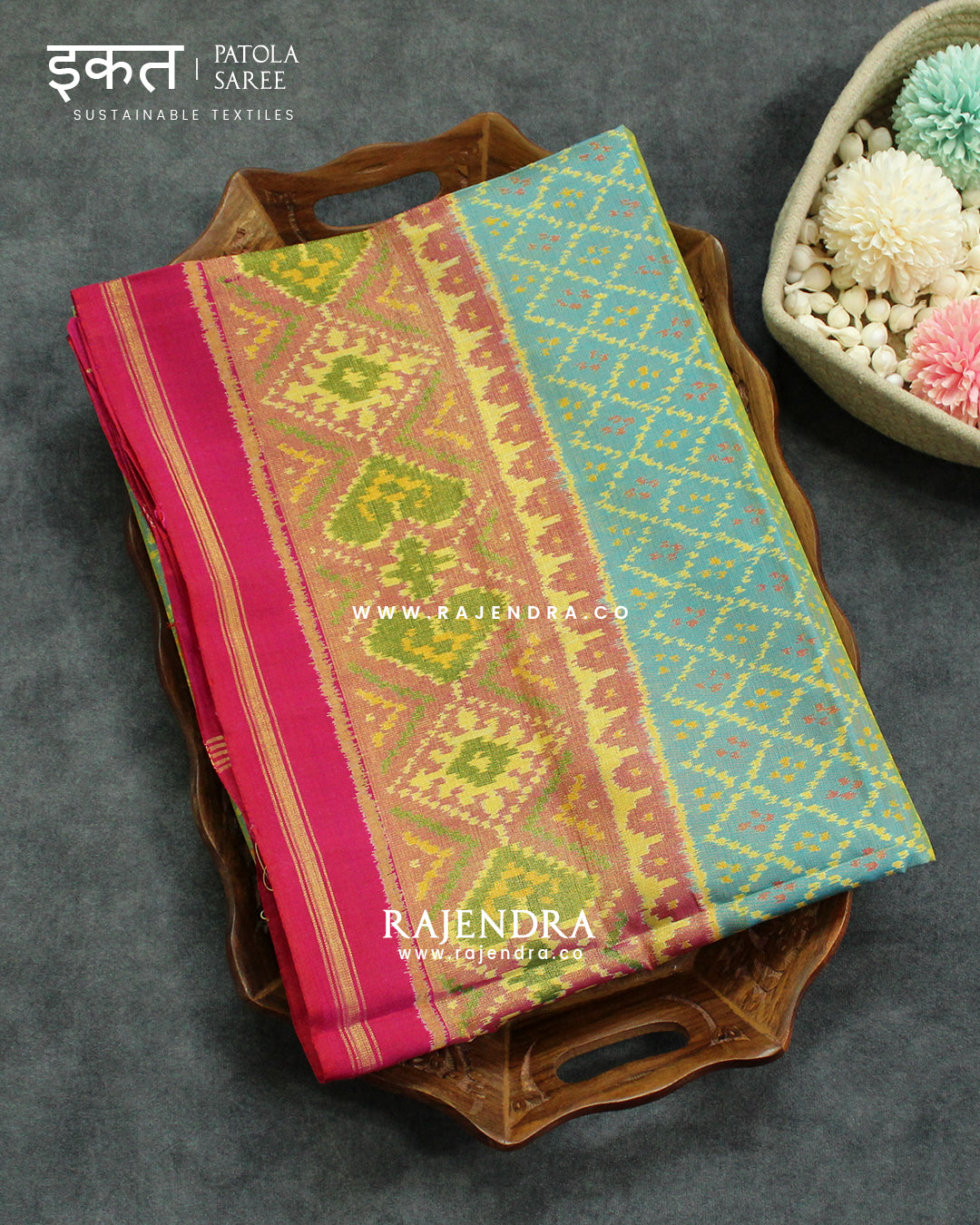 Traditional Sakali Design Pink and Light Blue Single Ikat Rajkot Patola Saree