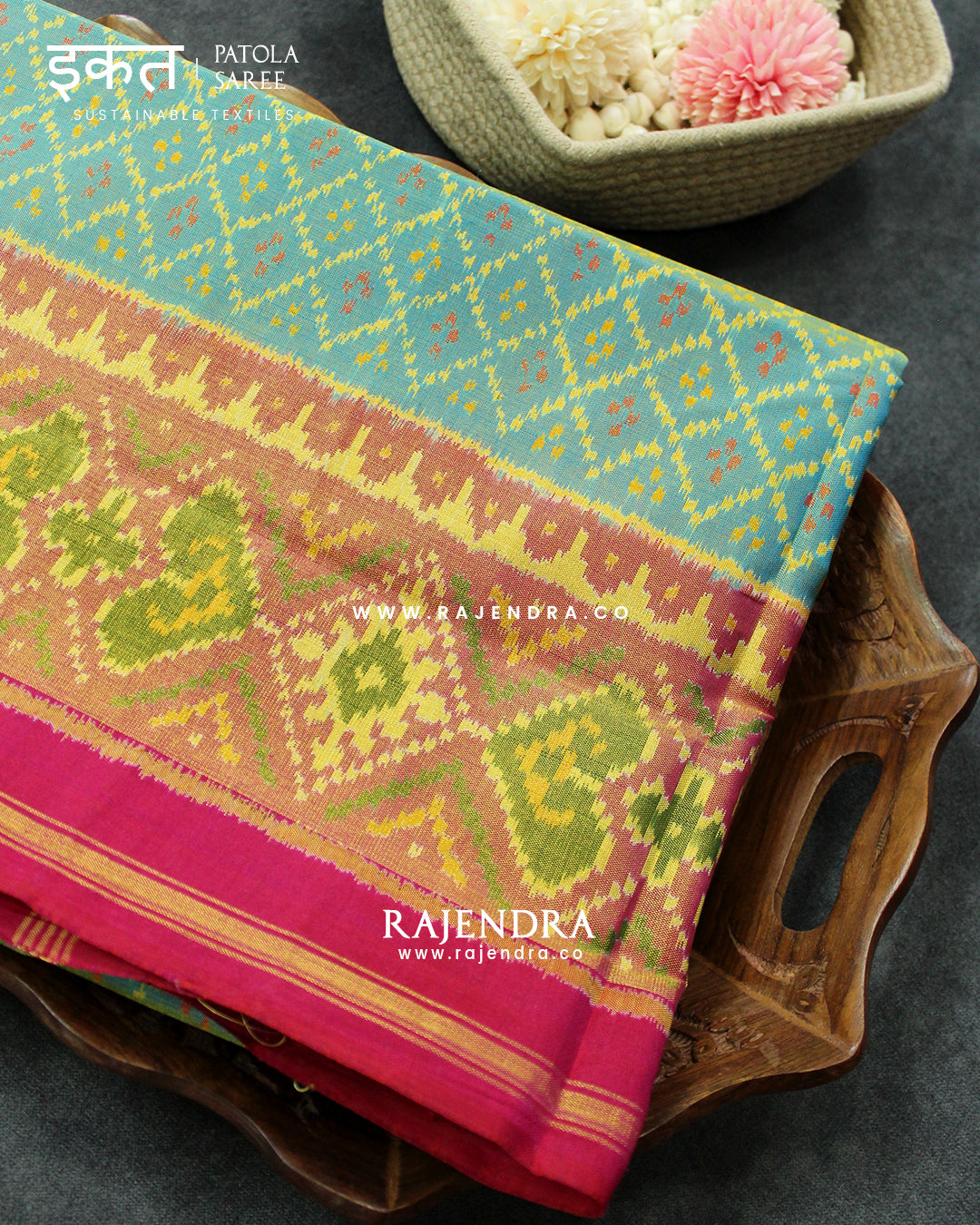 Traditional Sakali Design Pink and Light Blue Single Ikat Rajkot Patola Saree
