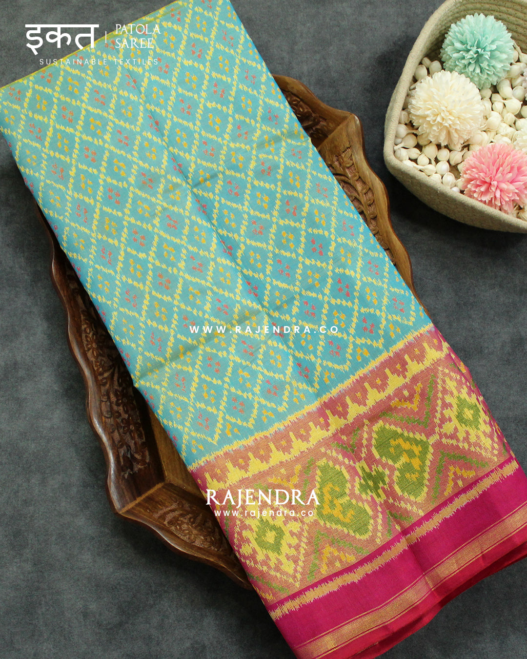 Traditional Sakali Design Pink and Light Blue Single Ikat Rajkot Patola Saree
