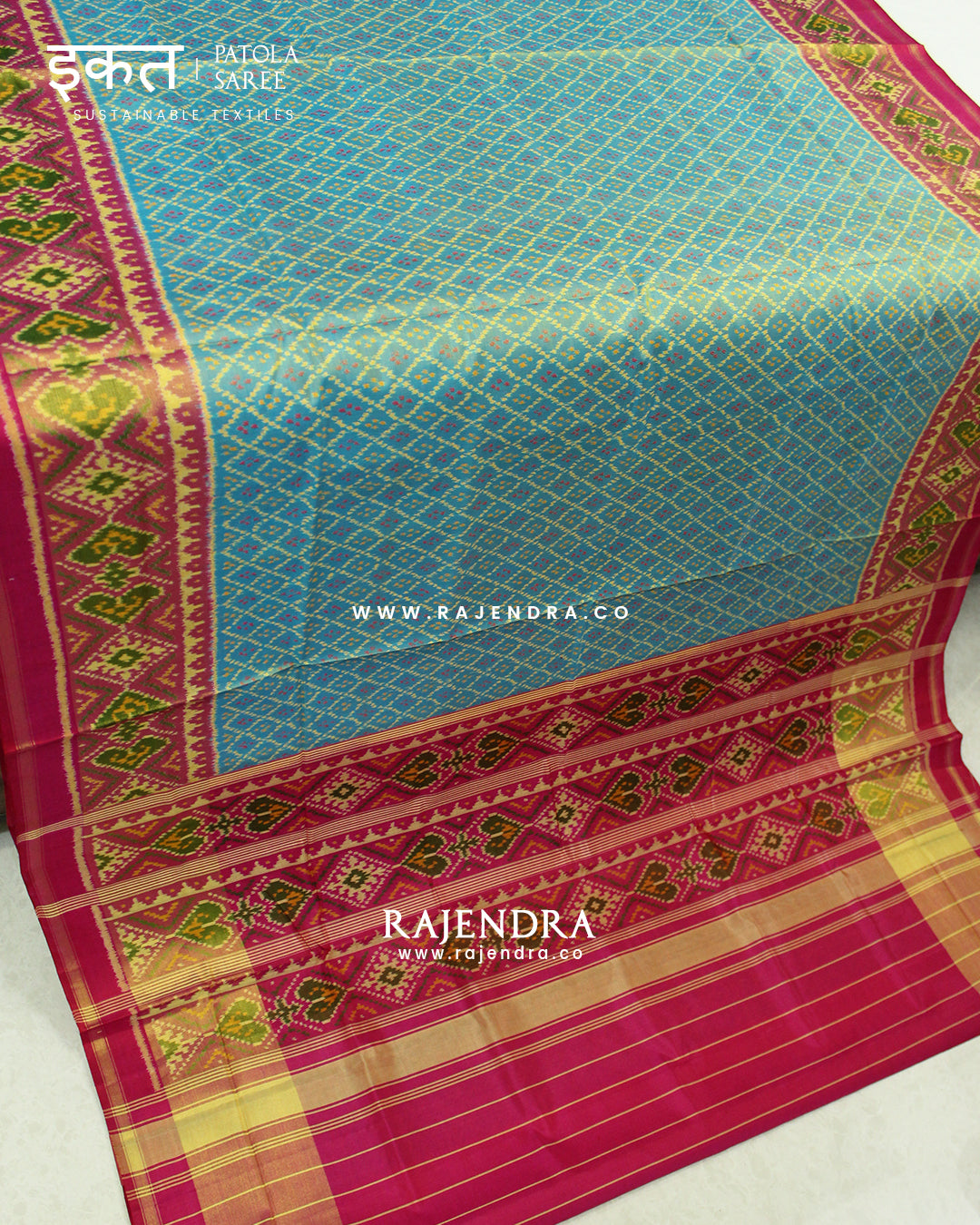 Traditional Sakali Design Pink and Light Blue Single Ikat Rajkot Patola Saree