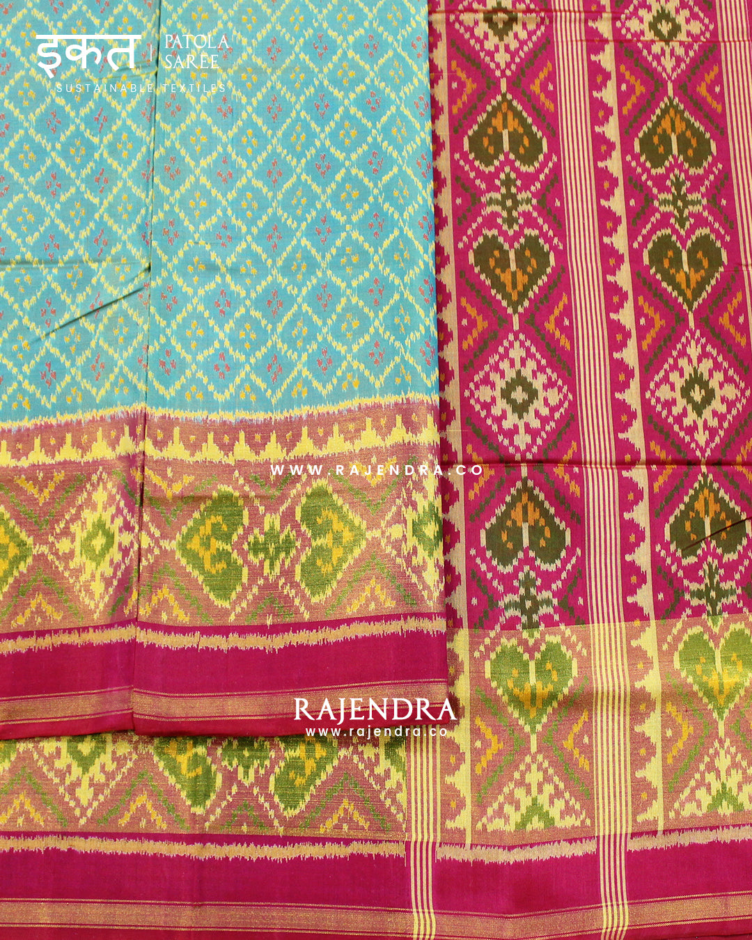 Traditional Sakali Design Pink and Light Blue Single Ikat Rajkot Patola Saree