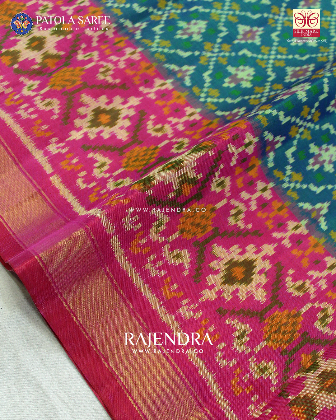 Traditional Buttonful Design Pink and Light Blue Single Ikat Rajkot Patola Saree