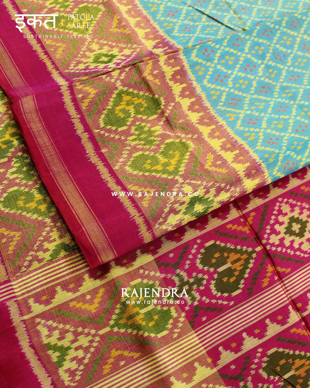 Traditional Sakali Design Pink and Light Blue Single Ikat Rajkot Patola Saree