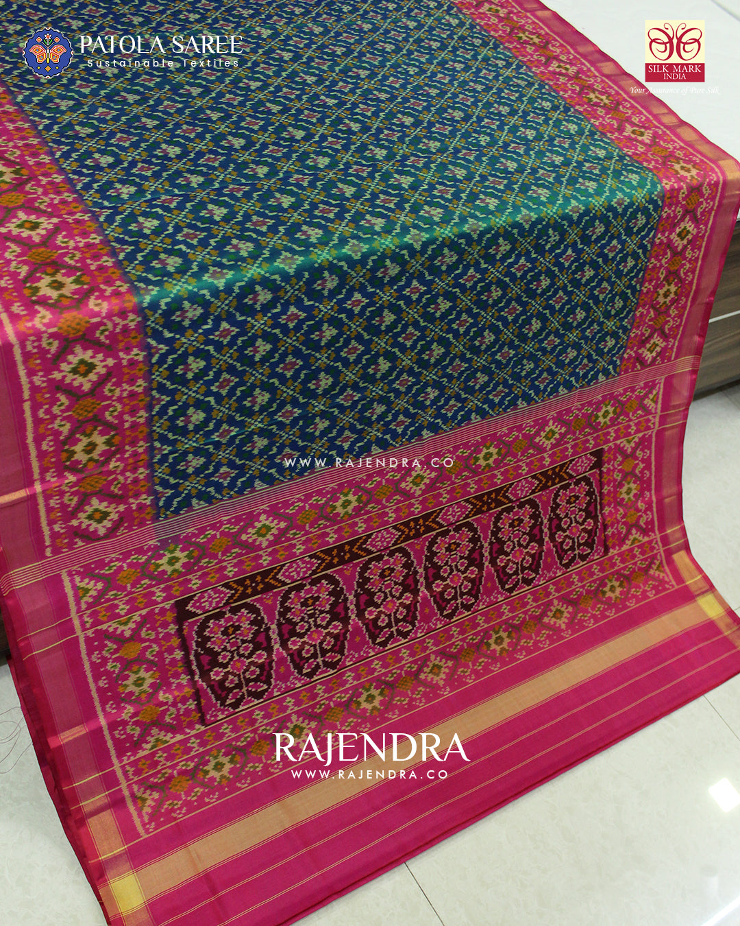 Traditional Buttonful Design Pink and Light Blue Single Ikat Rajkot Patola Saree