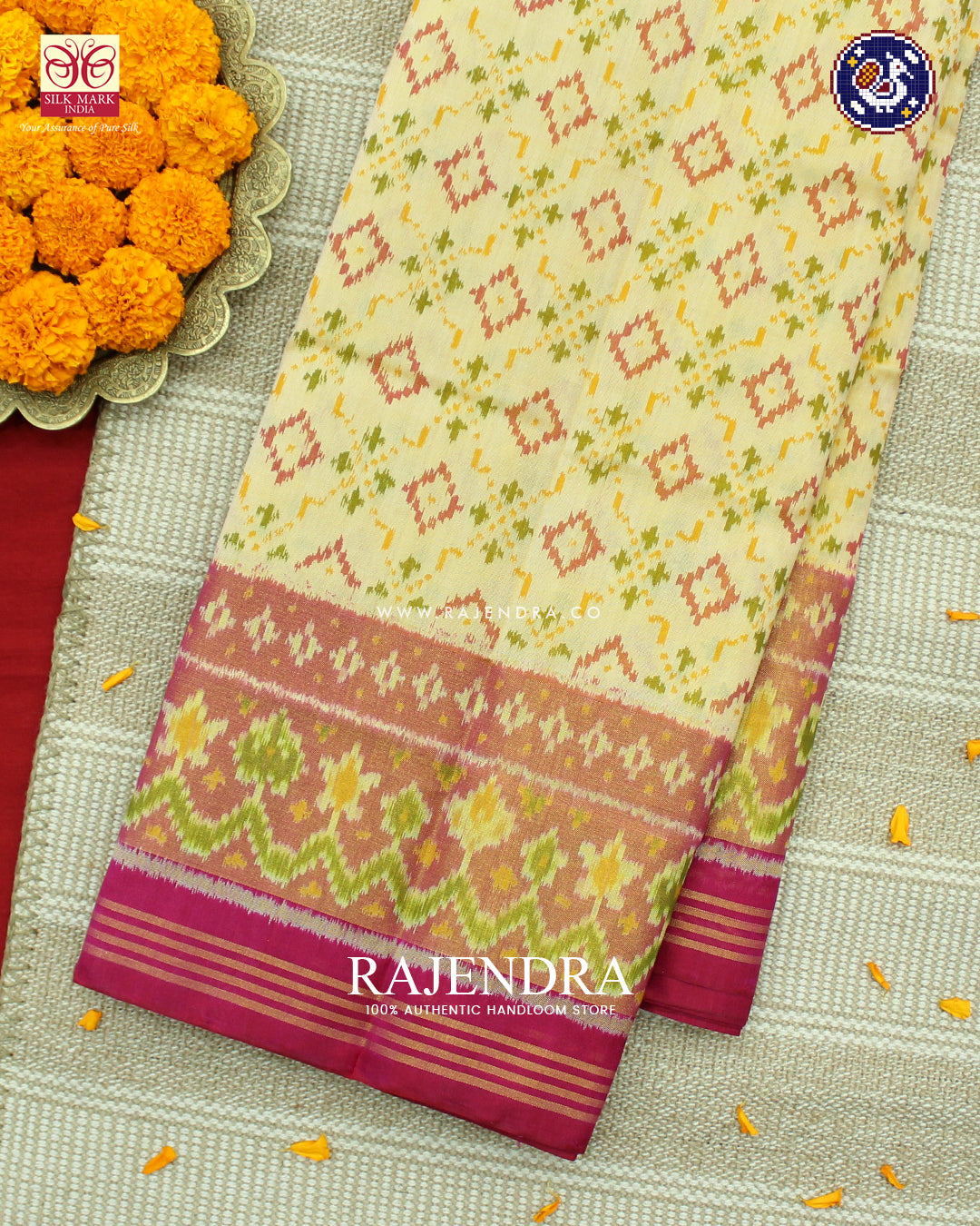 Traditional Buttonful Design Pink and Off-white Rajkot Patola Saree