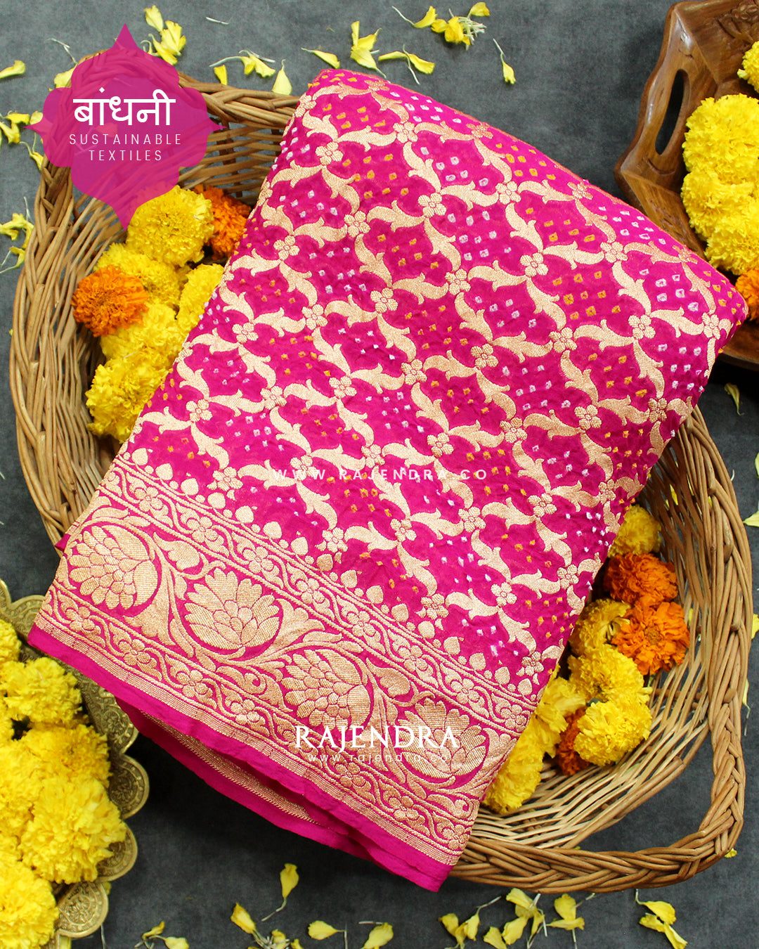 Traditional Khadi Georgette Pink Banarasi Bandhani Saree