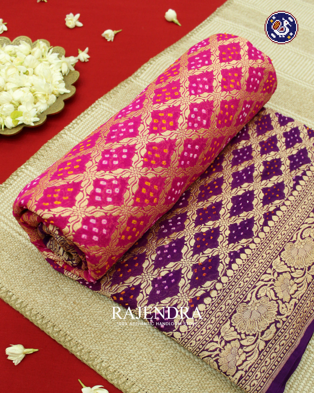 Traditional Khadi Georgette Pink and Purple Banarasi Bandhani Saree