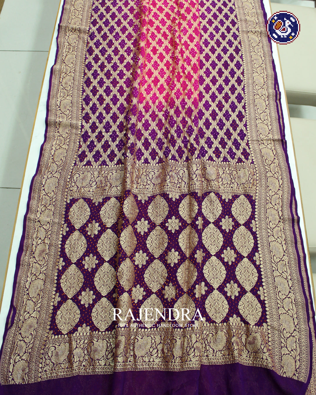 Traditional Khadi Georgette Pink and Purple Banarasi Bandhani Saree