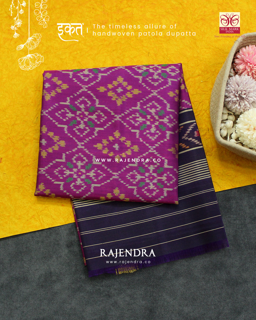Traditional Panchanda Design Purple Pink Single Ikat Rajkot Patola Dupatta