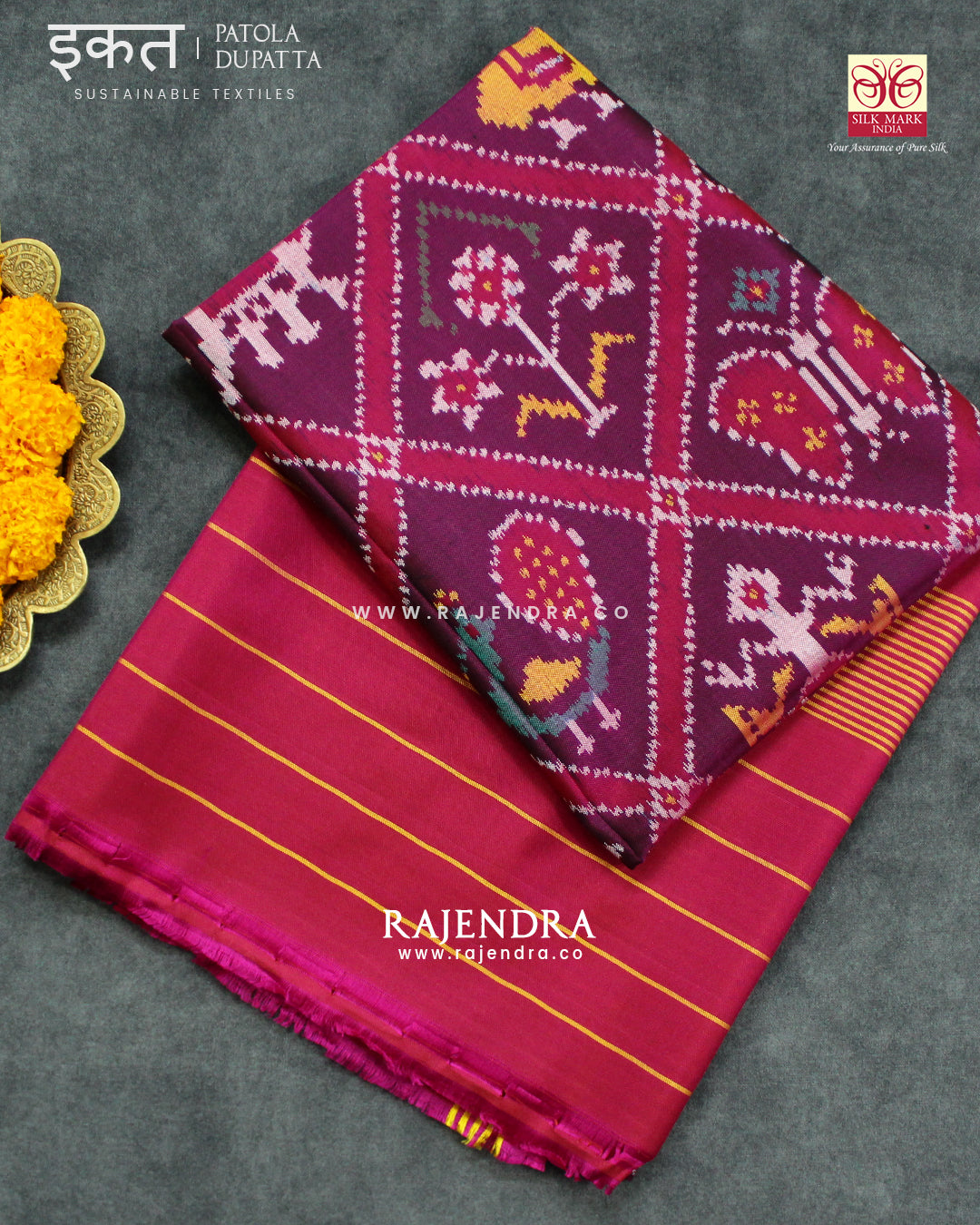 Traditional Hathi Popat Pink and Purple Semi Double Ikat Rajkot Patola Dupatta