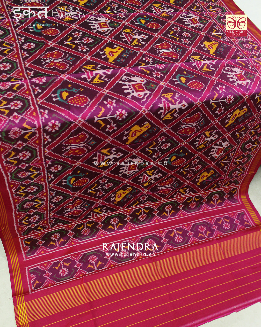 Traditional Hathi Popat Pink and Purple Semi Double Ikat Rajkot Patola Dupatta