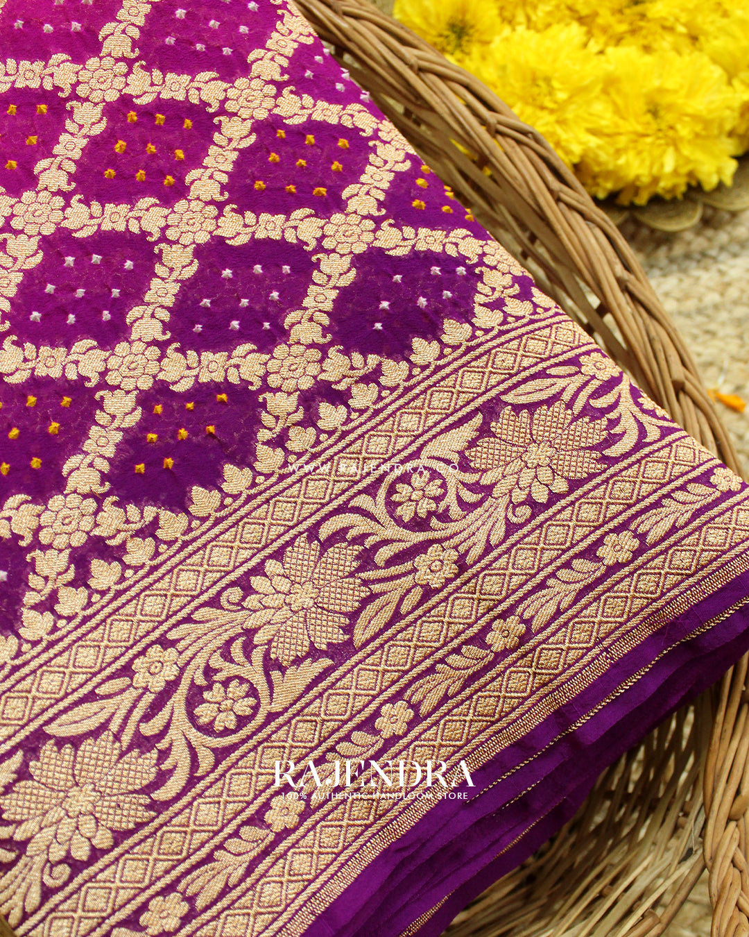 Traditional Khadi Georgette Pink and Purple Banarasi Bandhani Saree