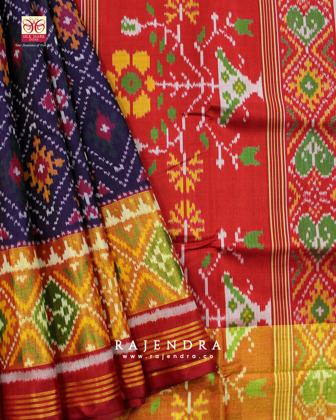 Traditional Panchanda Bhat Red and Purple Single Ikat Rajkot Patola Saree