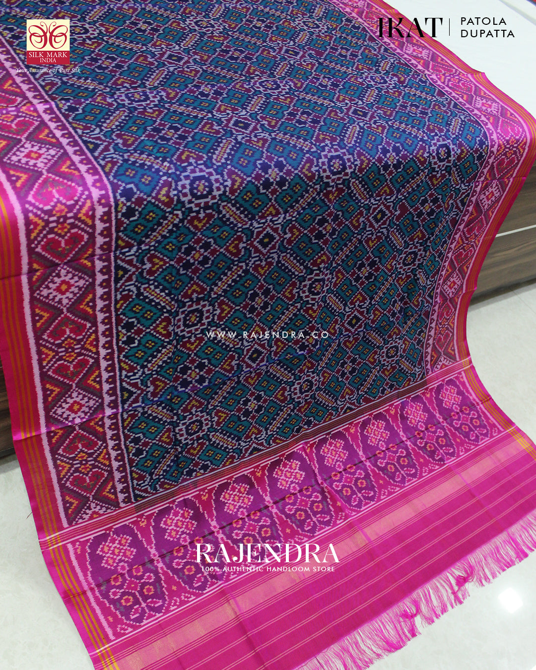Traditional Manekchowk Pink and Seagreen Ikat Rajkot Patola Dupatta