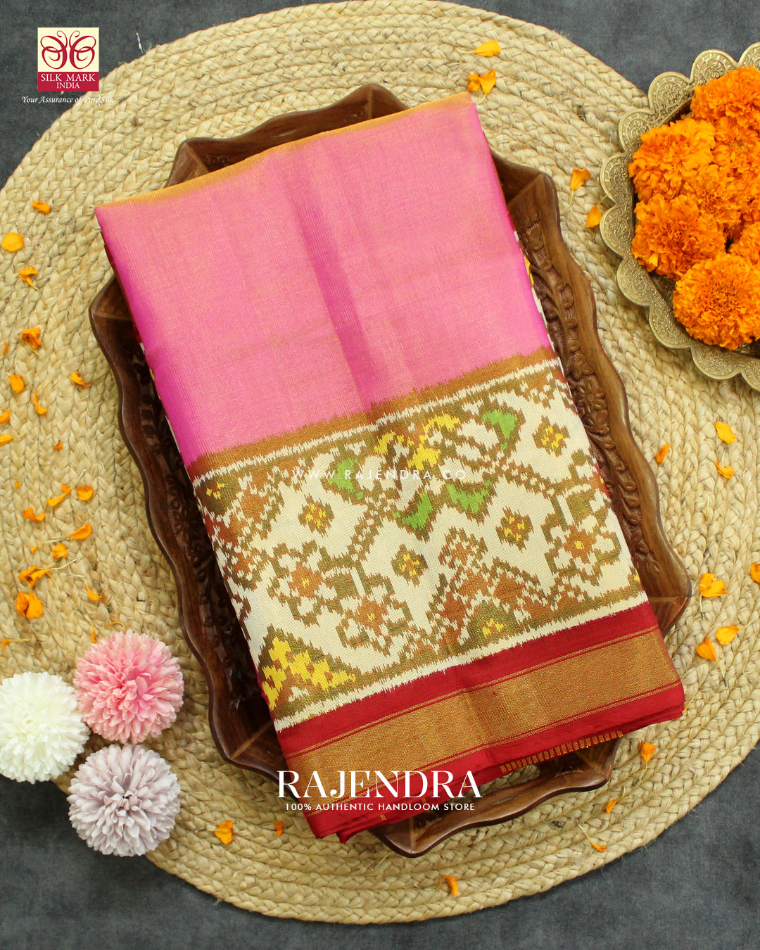 Exclusive Zari Tissue Pink and White Gala Border Rajkot Patola Saree