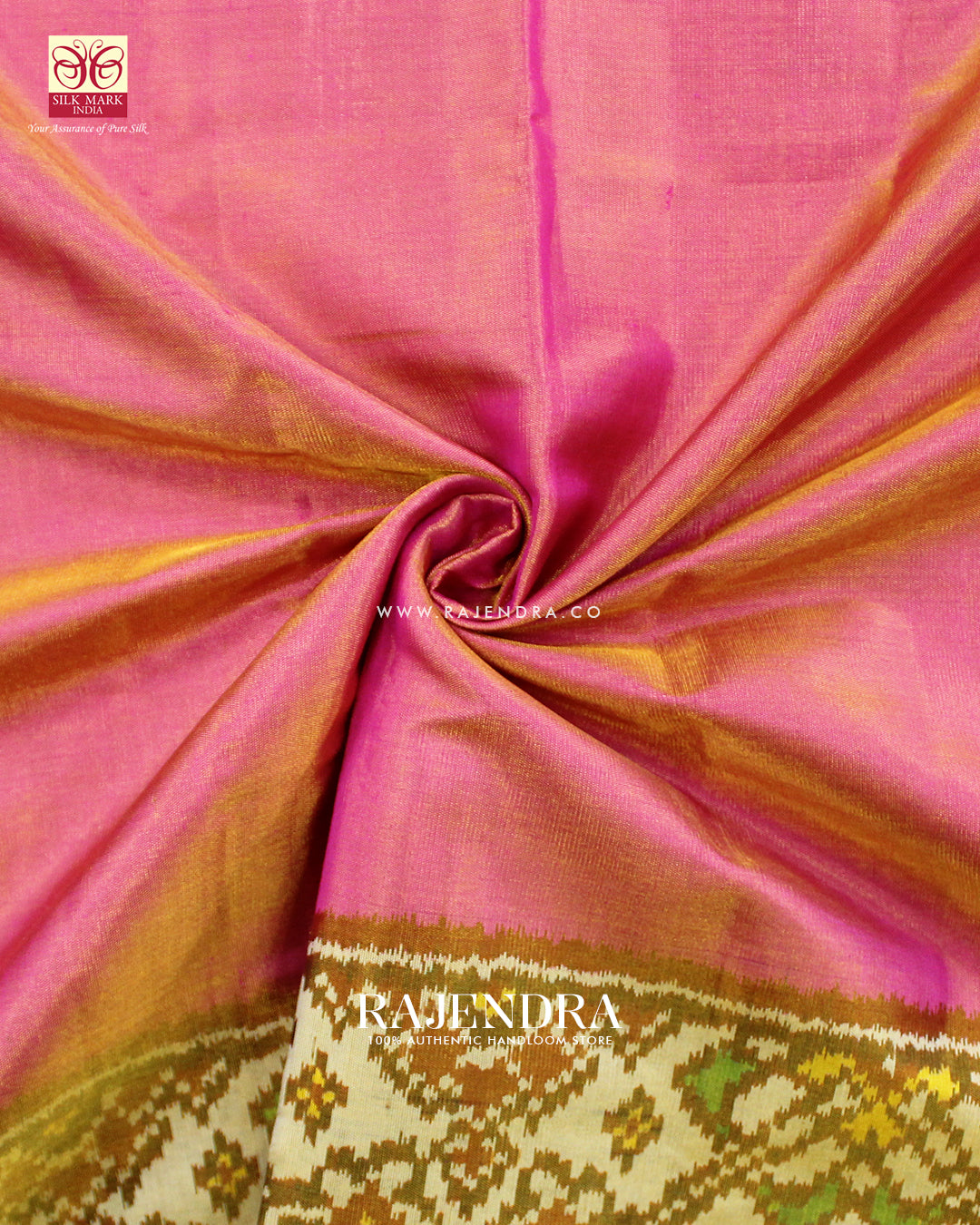 Exclusive Zari Tissue Pink and White Gala Border Rajkot Patola Saree
