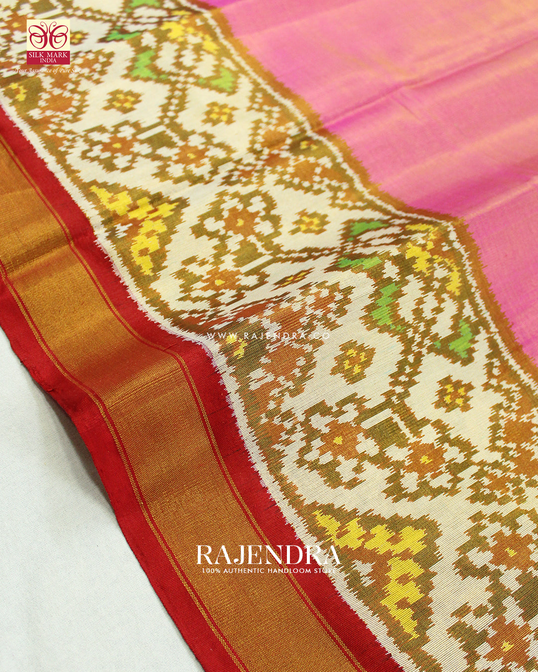 Exclusive Zari Tissue Pink and White Gala Border Rajkot Patola Saree