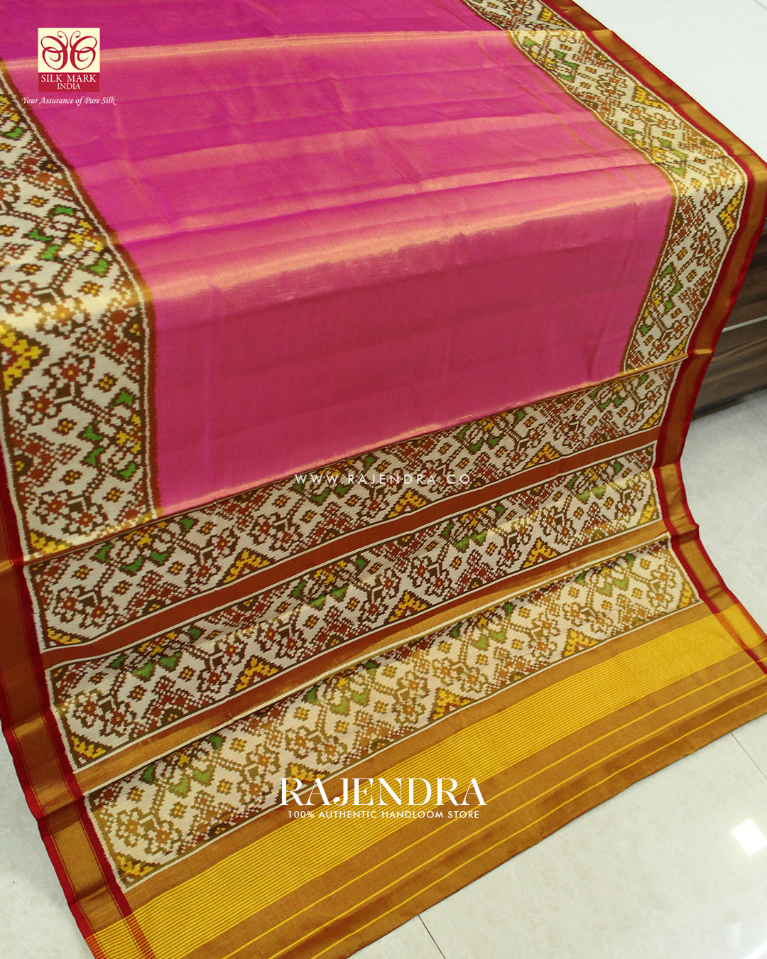 Exclusive Zari Tissue Pink and White Gala Border Rajkot Patola Saree