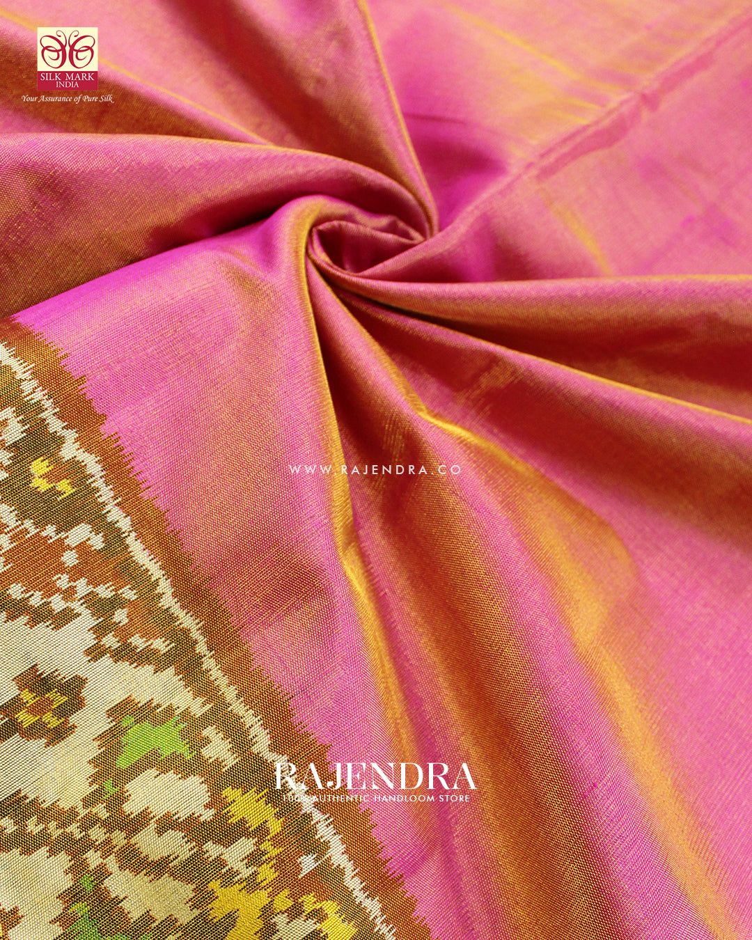 Exclusive Zari Tissue Pink and White Gala Border Rajkot Patola Saree