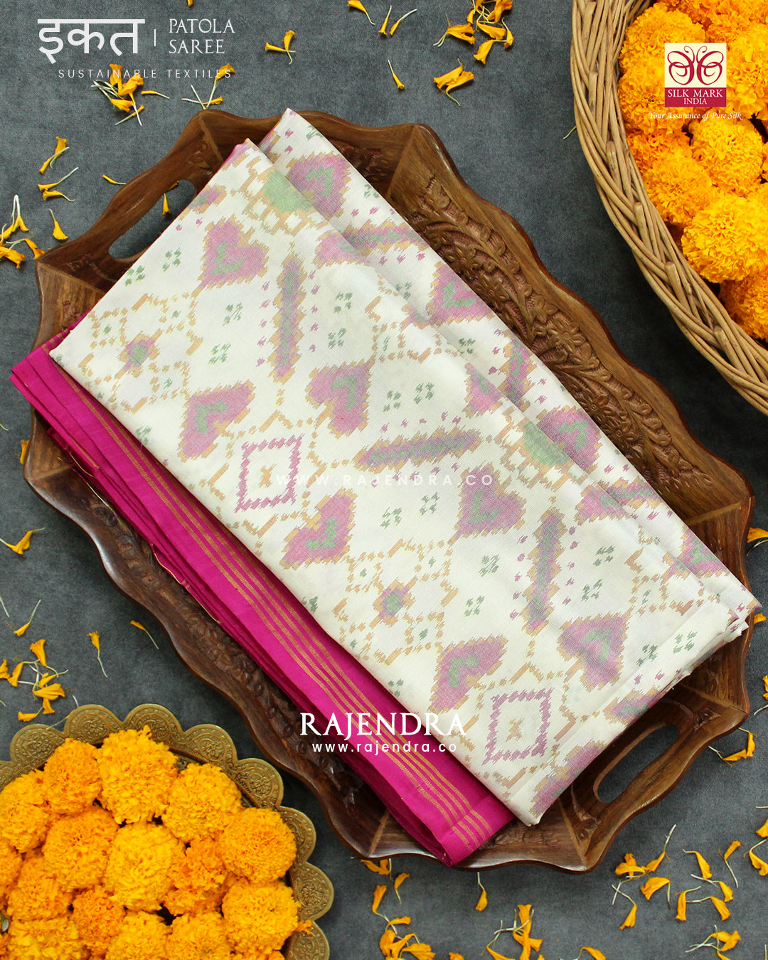 Traditional Manekchowk Pink Off-White Single Ikat Rajkot Patola Saree