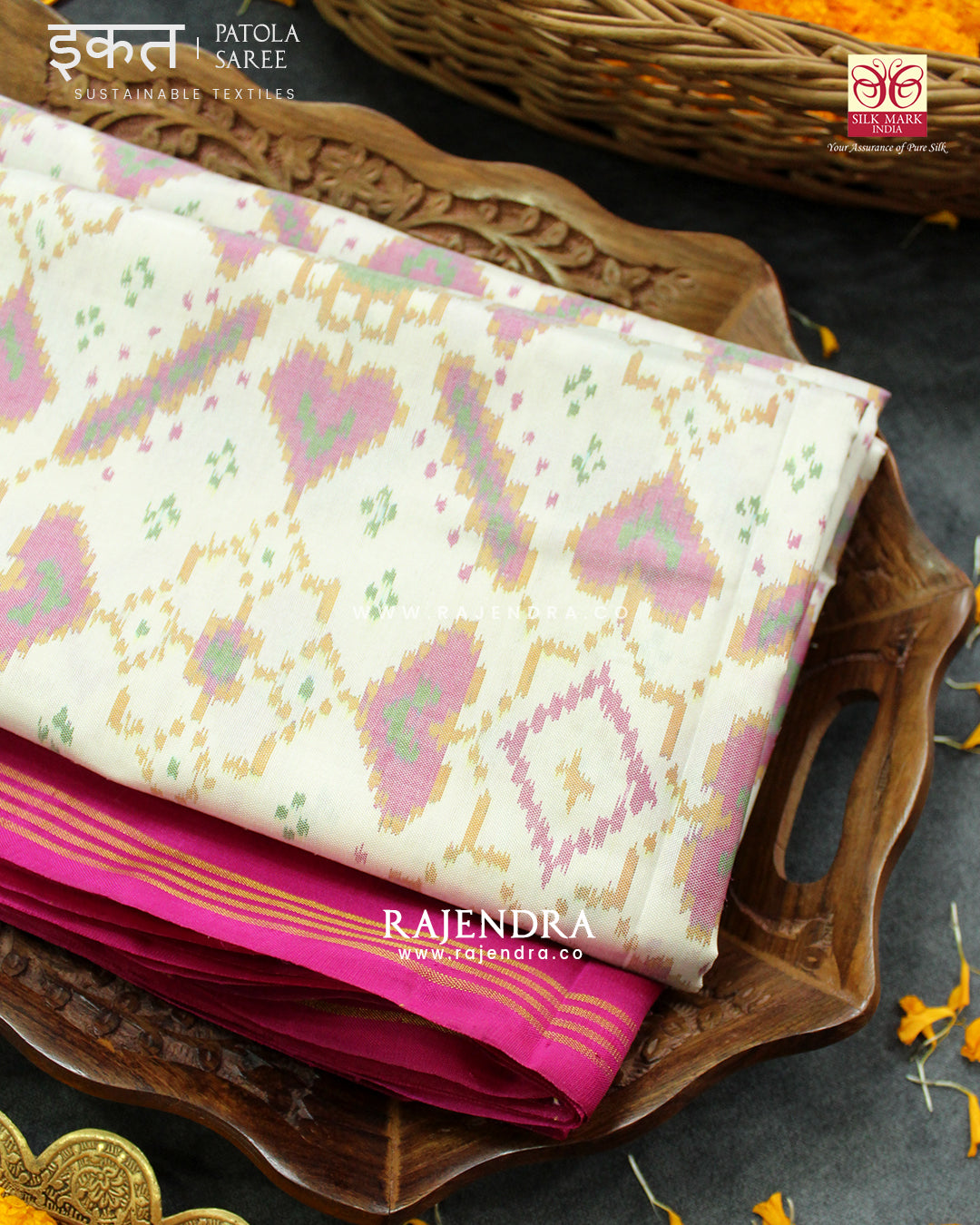 Traditional Manekchowk Pink Off-White Single Ikat Rajkot Patola Saree