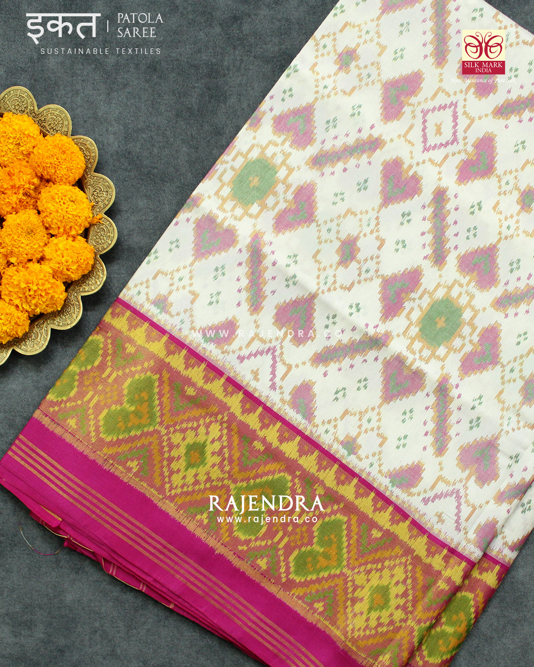 Traditional Manekchowk Pink Off-White Single Ikat Rajkot Patola Saree