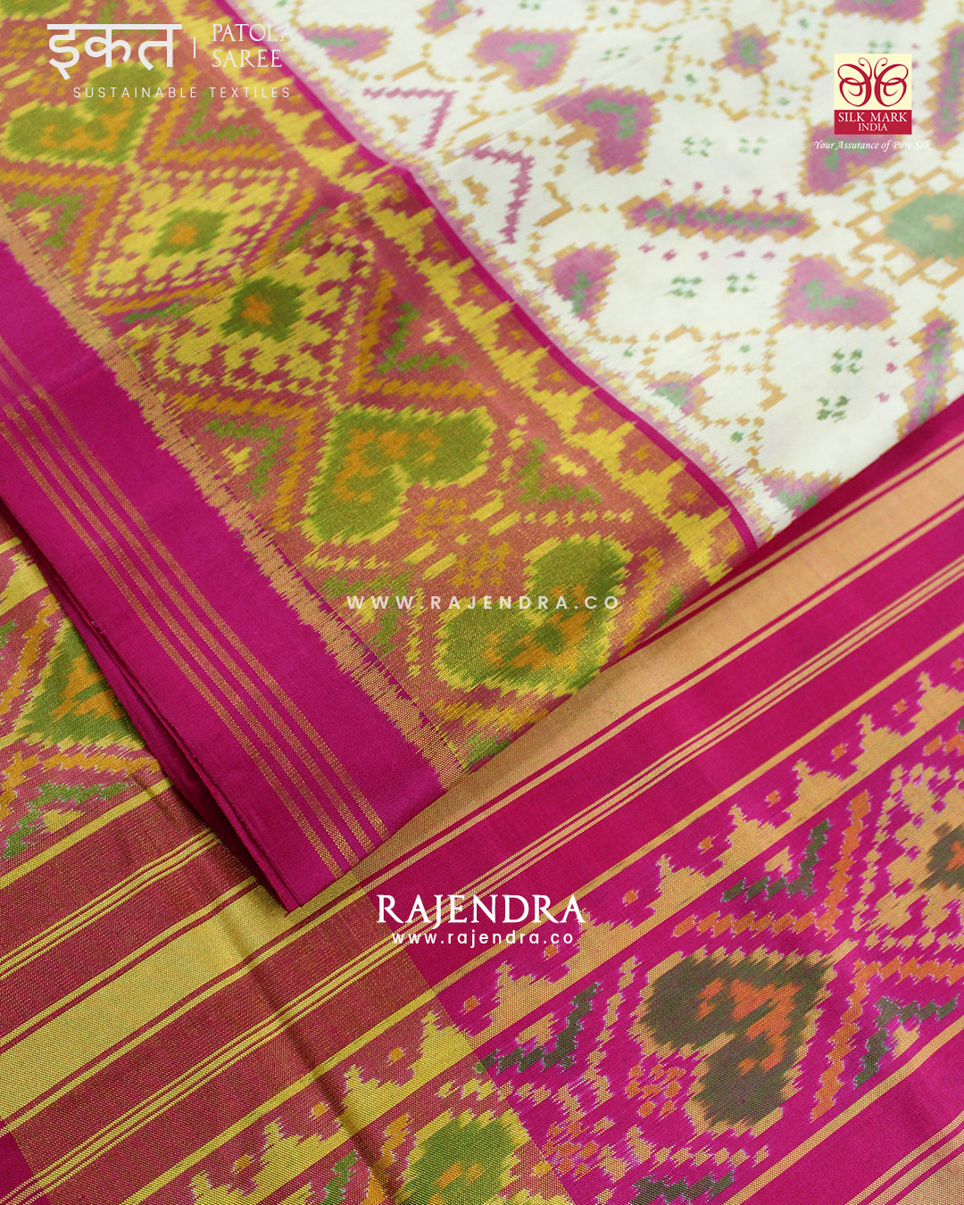 Traditional Manekchowk Pink Off-White Single Ikat Rajkot Patola Saree