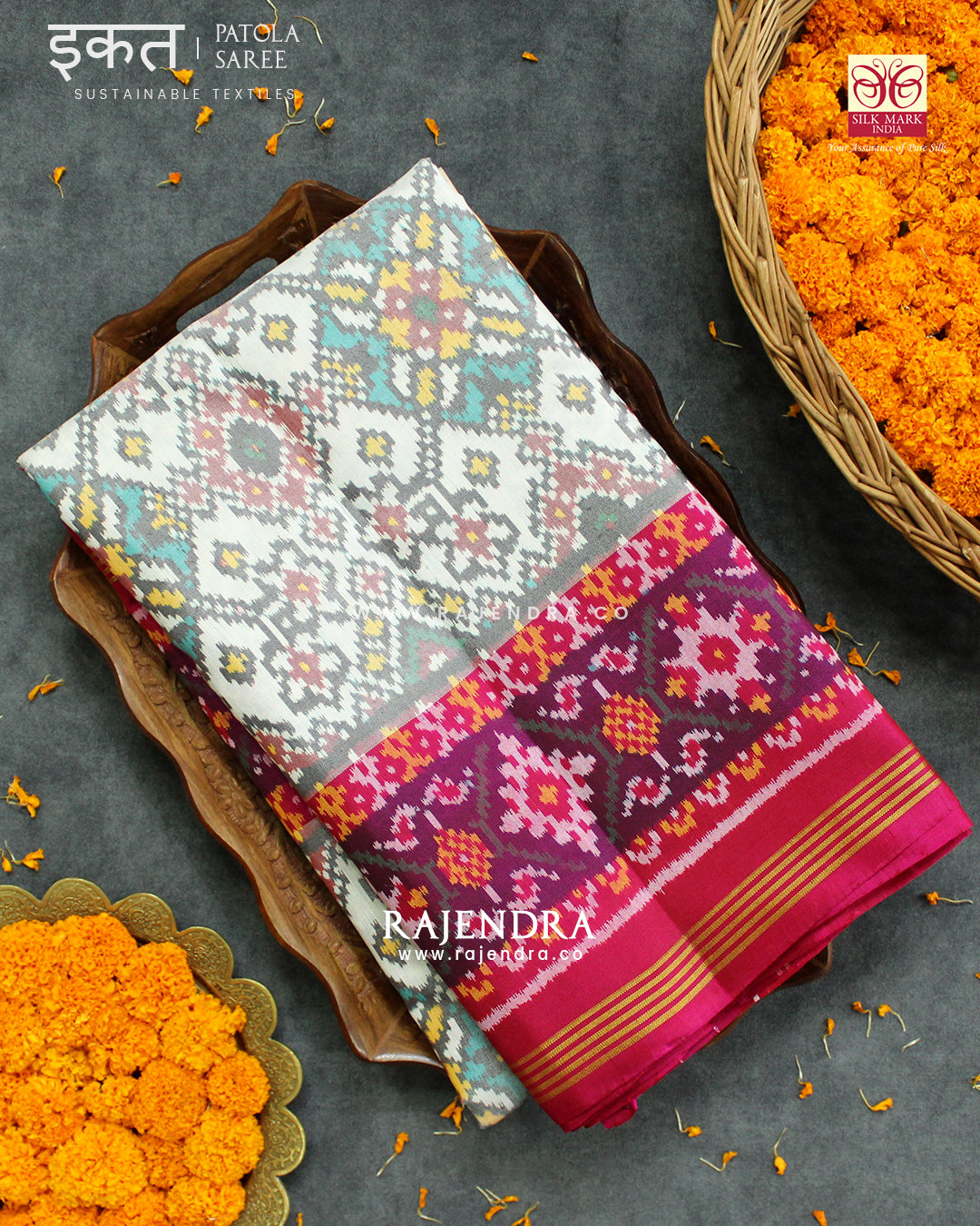 Traditional Navratna Pink and White Semi Double Ikat Rajkot Patola Saree